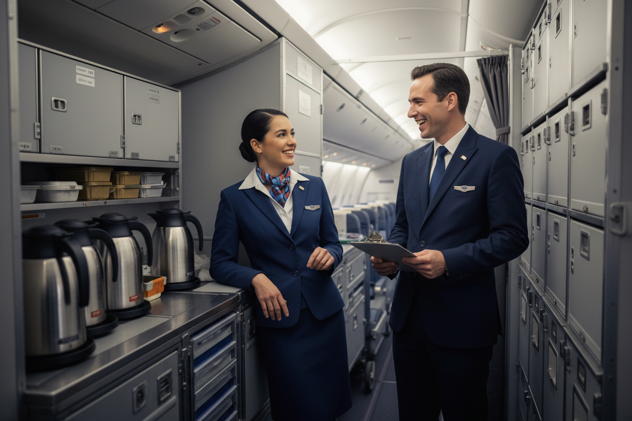 Two flight attendants chatting in the galley of an airplane
